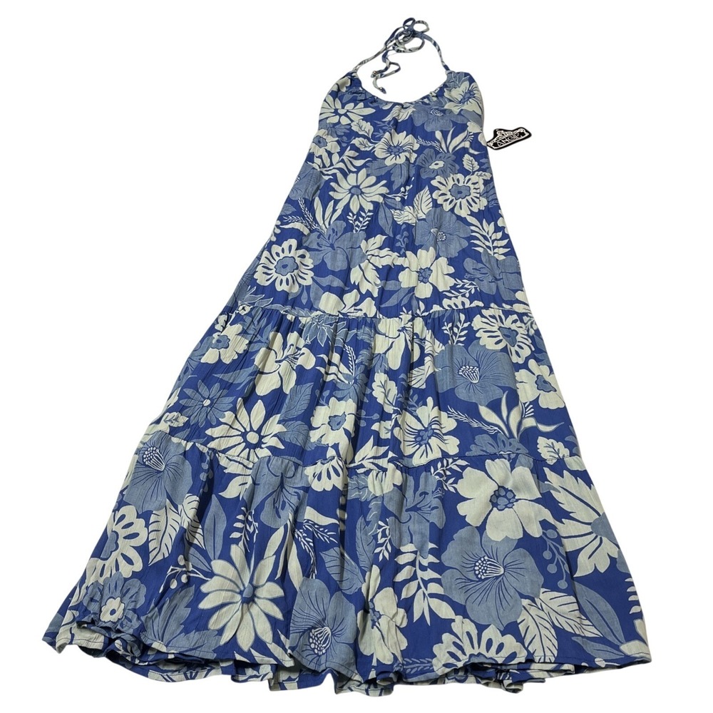 Angie Dress Blue Floral Babydoll Halter Tiered Maxi Size M Tropical Vacation - Picture 14 of 16